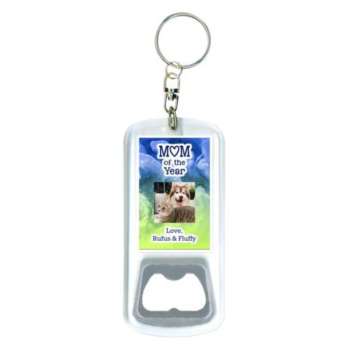 Personalized bottle opener personalized with ombre quartz pattern and photo and the sayings "Mom of the Year" and "Love, Rufus & Fluffy"