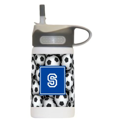 Childrens water bottle personalized with soccer balls pattern and initial in royal blue