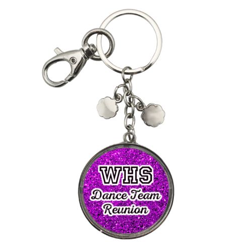 Personalized keychain personalized with fuchsia glitter pattern and the saying "WHS Dance Team Reunion"