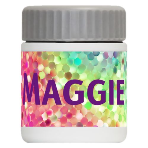 Personalized 12oz food jar personalized with glitter pattern and the saying "Maggie"