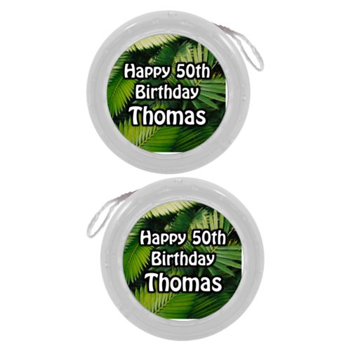Personalized yoyo personalized with plants fern pattern and the saying "Happy 50th Birthday Thomas"