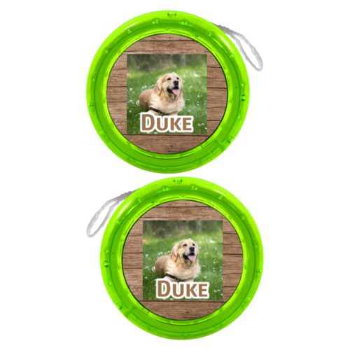 Personalized yoyo personalized with brown wood pattern and photo and the saying "Duke"