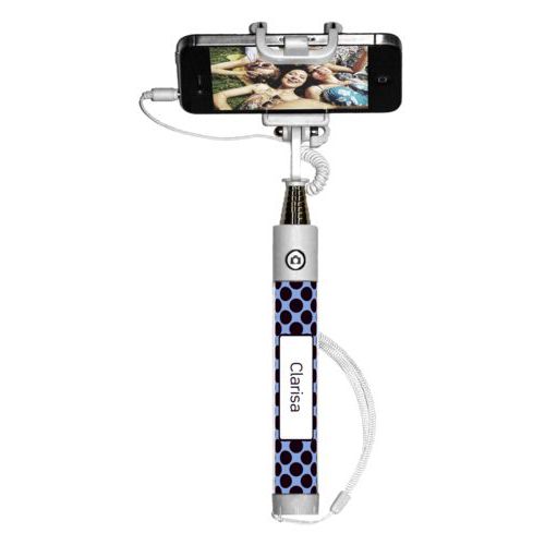 Personalized selfie stick personalized with dots pattern and name in black and serenity blue