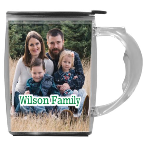 Custom mug with handle personalized with photo and the saying "Wilson Family"