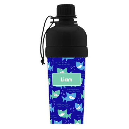 Kids water bottle personalized with sharks pattern and name in mint