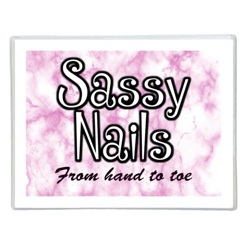 Personalized note cards personalized with pink marble pattern and the sayings "Sassy Nails" and "From hand to toe"