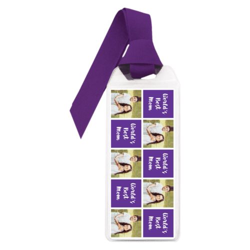 Personalized book mark personalized with a photo and the saying "Jamie World's Best Mom" in purple and white
