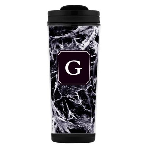 Custom tall coffee mug personalized with onyx pattern and initial in black licorice