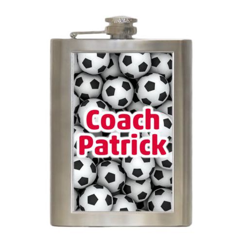 Personalized 8oz flask personalized with soccer balls pattern and the saying "Coach Patrick"