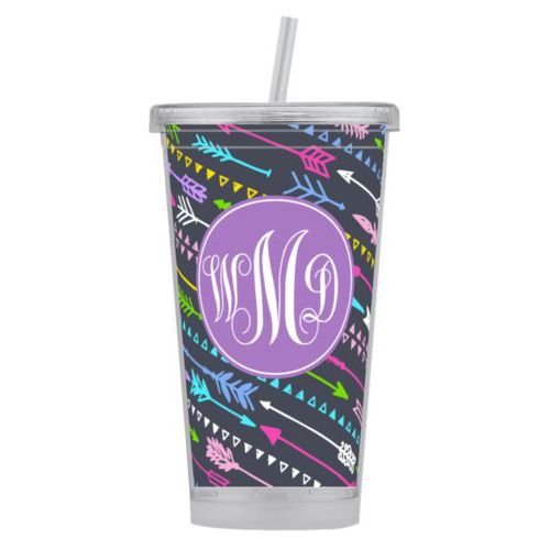 Personalized tumbler personalized with arrows pattern and monogram in purple powder