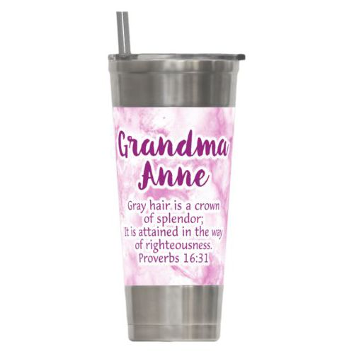 Personalized insulated steel tumbler personalized with pink marble pattern and the saying "Grandma Anne Gray hair is a crown of splendor; It is attained in the way of righteousness. Proverbs 16:31"