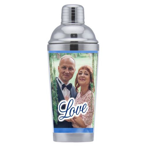 Coctail shaker personalized with blue cloud pattern and photo and the saying "love"