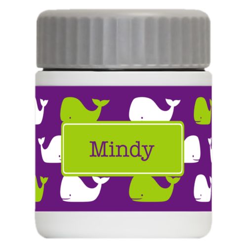 Personalized 12oz food jar personalized with whales pattern and name in orchid and juicy green