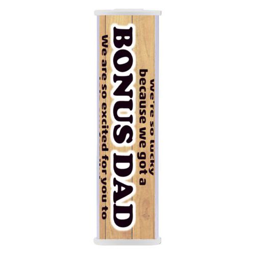 Personalized backup phone charger personalized with natural wood pattern and the sayings "We're so lucky because we got a We are so excited for you to join our family!" and "BONUS DAD"