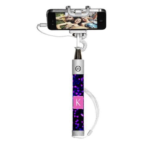 Personalized selfie stick personalized with dream hearts pattern and initial in pink