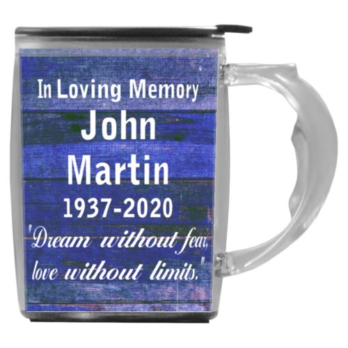 Custom mug with handle personalized with royal rustic pattern and the saying "In Loving Memory John Martin 1937-2020 "Dream without fear, love without limits.""