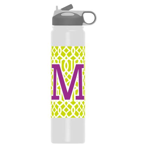 Custom water bottle personalized with ironwork pattern and the saying "M"