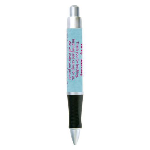 Personalized pen personalized with teal chalk pattern and the saying "Mrs. Jacobs Thank you for teaching, inspiring and caring for us. We will make you proud! With love from, Your 4th Grade Class"