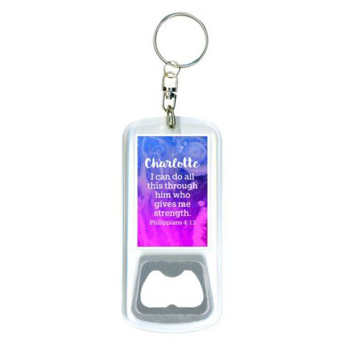 Personalized bottle opener personalized with ombre amethyst pattern and the saying "Charlotte I can do all this through him who gives me strength. Philippians 4:13"