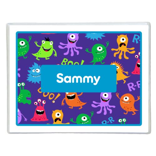 Personalized note cards personalized with monsters pattern and name in caribbean blue