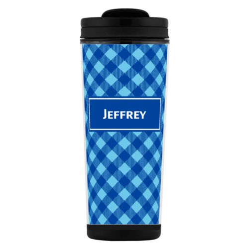 Custom tall coffee mug personalized with check pattern and name in ultramarine