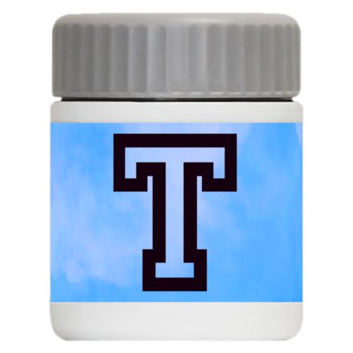 Personalized 12oz food jar personalized with light blue cloud pattern and the saying "T"