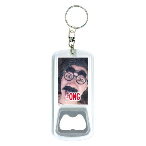 Personalized bottle opener personalized with photo and the saying "#omg"
