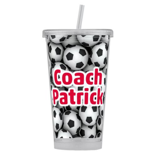 Personalized tumbler personalized with soccer balls pattern and the saying "Coach Patrick"