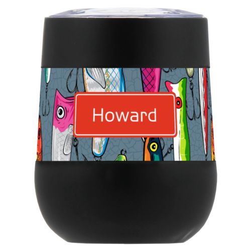 Personalized insulated wine tumbler personalized with fishing lures pattern and name in strong red