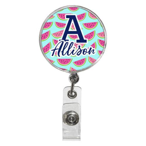 Personalized badge reel personalized with fruit watermelon pattern and the sayings "A" and "Allison"