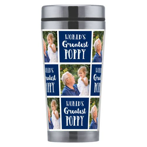 Personalized coffee mug personalized with a photo and the saying "World's Greatest Poppy" in navy blue and white