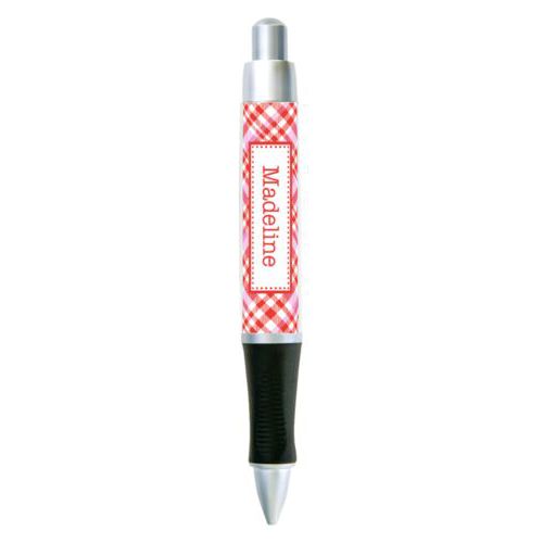 Personalized pen personalized with tartan pattern and name in red punch and thistle