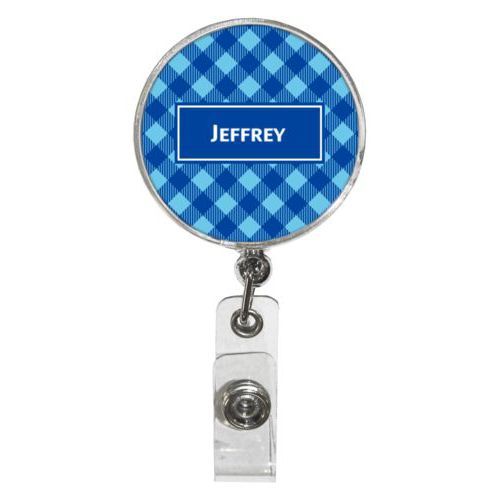 Personalized badge reel personalized with check pattern and name in ultramarine