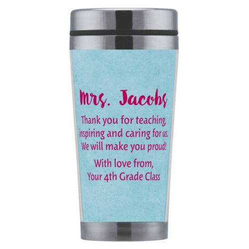 Personalized coffee mug personalized with teal chalk pattern and the saying "Mrs. Jacobs Thank you for teaching, inspiring and caring for us. We will make you proud! With love from, Your 4th Grade Class"