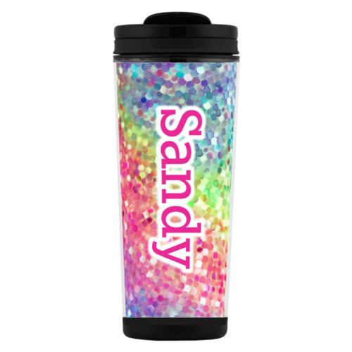 Custom tall coffee mug personalized with glitter pattern and the saying "Sandy"
