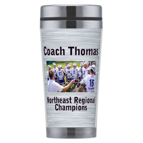 Personalized coffee mug personalized with steel industrial pattern and photo and the sayings "Coach Thomas" and "Northeast Regional Champions"