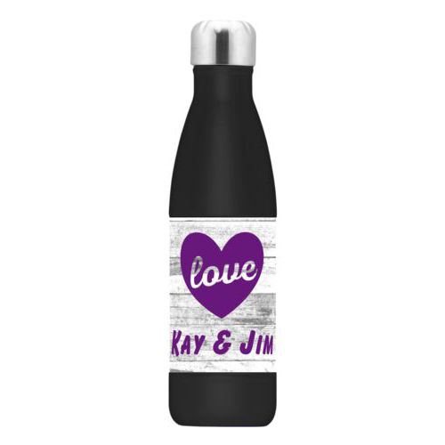 Vacuum insulated bottle personalized with white rustic pattern and the sayings "love" and "Kay & Jim"