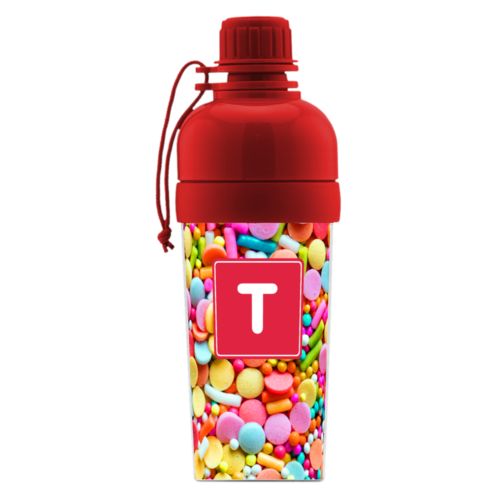 Kids water bottle personalized with sweets sweet pattern and initial in red
