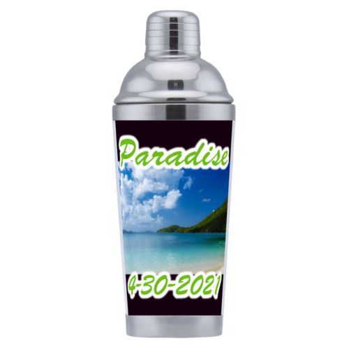 Coctail shaker personalized with photo and the sayings "Paradise" and "4-30-2021"