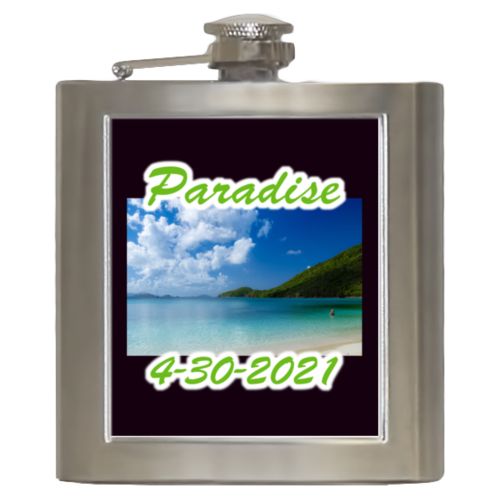 Personalized 6oz flask personalized with photo and the sayings "Paradise" and "4-30-2021"