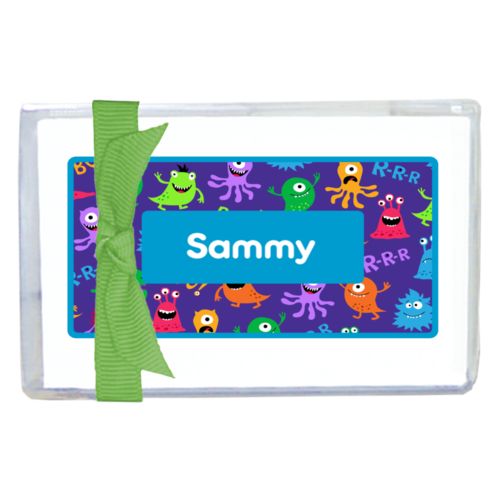 Personalized enclosure cards personalized with monsters pattern and name in caribbean blue