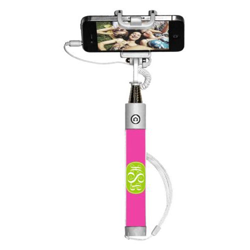 Personalized selfie stick personalized with concaved pattern and monogram in juicy green and juicy pink