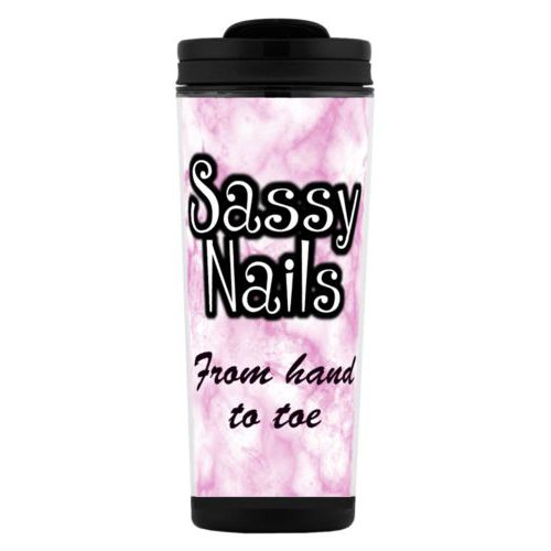 Custom tall coffee mug personalized with pink marble pattern and the sayings "Sassy Nails" and "From hand to toe"