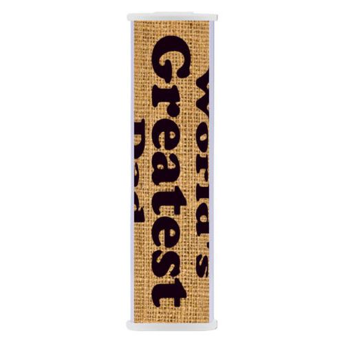 Personalized backup phone charger personalized with burlap industrial pattern and the saying "World's Greatest Dad"
