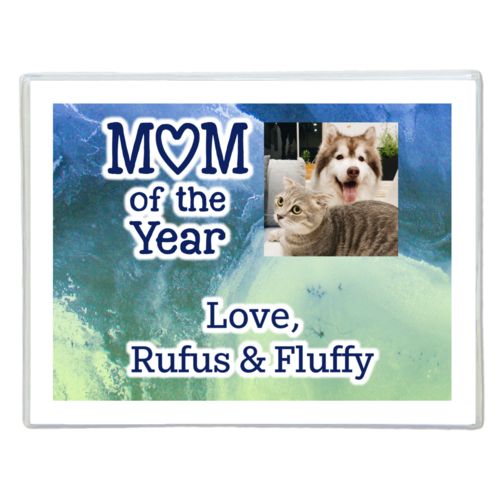 Personalized note cards personalized with ombre quartz pattern and photo and the sayings "Mom of the Year" and "Love, Rufus & Fluffy"
