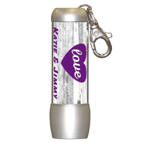 Personalized flashlight personalized with white rustic pattern and the sayings "love" and "Katie & Jimmy"