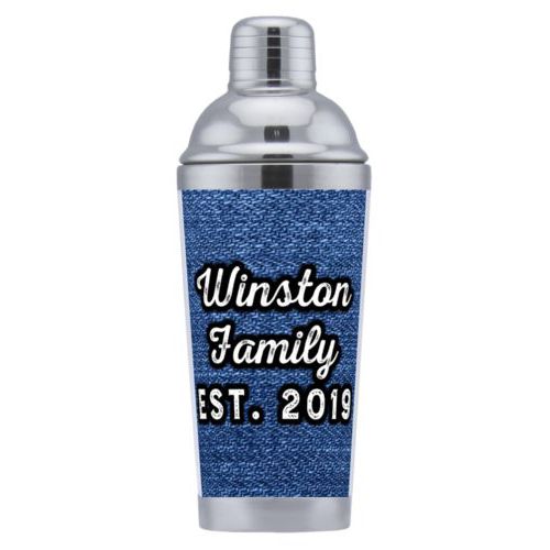 Coctail shaker personalized with denim industrial pattern and the saying "Winston Family Est. 2019"
