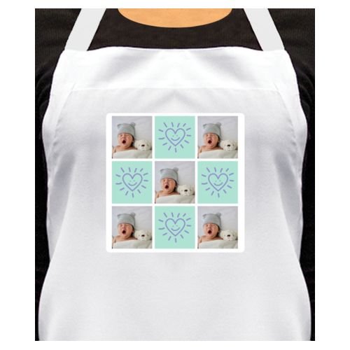 Personalized apron personalized with a photo and the saying "Smiling Heart" in easter purple and mint