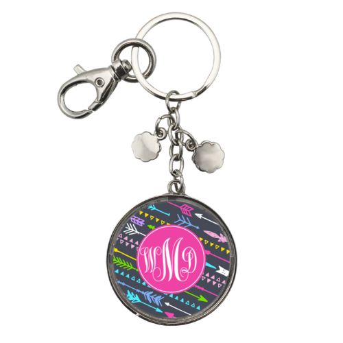 Personalized metal keychain personalized with arrows pattern and monogram in purple powder