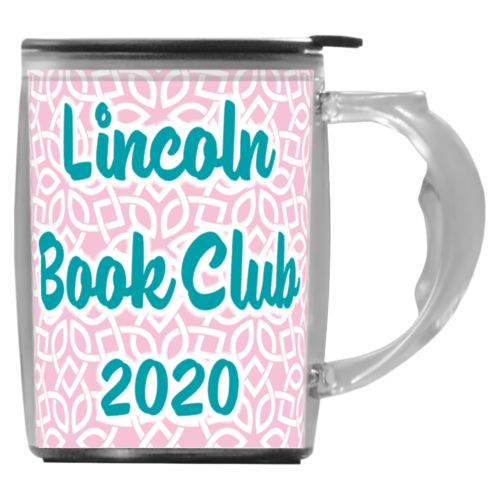Custom mug with handle personalized with lattice pattern and the saying "Lincoln Book Club 2020"